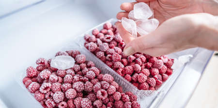 Containers with frozen raspberries in the freezer of the fridge. Concept of frozen food, long term storage products.の写真素材