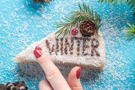 Piece of white mousse cake covered with coconut flakes imitating snow on a blue background. There is word Winter on the slice. Concept of the season winter.の写真素材