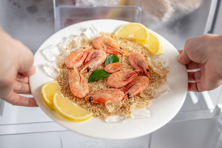 Women's hands are taking out a plate of rice, shrimps and lemon from the freezer of the fridge....