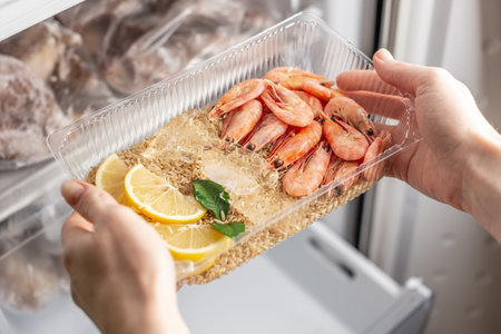 Women's hands are taking out a plastic container of rice, shrimps and lemon from the freezer of the fridge. Concept of ready made frozen dishes and saving time on cooking food.の写真素材