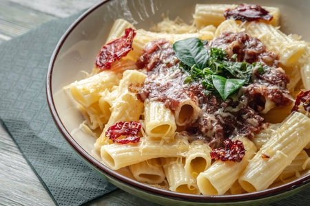 Plate of delicious appetizing vegetarian pasta with tomato sauce, tomatoes, cheese and basil on a wooden table.の写真素材