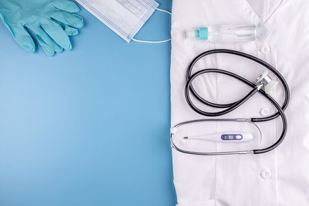 Tools and protective equipment for the doctor on a blue background. Top view and copy space.の写真素材