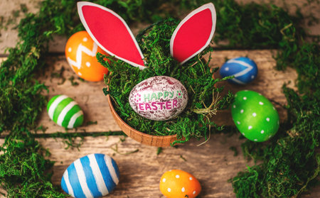 Bright colorful Easter eggs and rabbit ears on a wooden background covered with green moss.