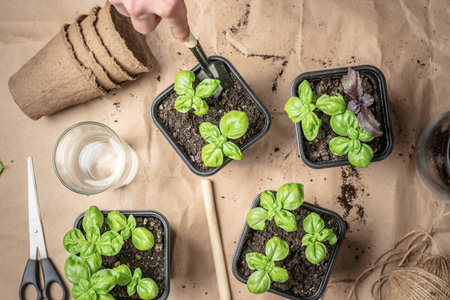 Hands are planting young green seedlings in pots with soil. There are gardening tools on the table...