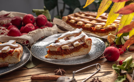 Appetizing homemade pie on a wooden table with garden apples, cinnamon and autumn leaves. Concept of a cozy atmosphere and autumn mood.の写真素材