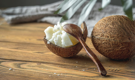 Pieces of organic coconut butter in a bowl and fresh coconut on a wooden table. Concept of healthy ingredient for cooking and natural cosmetics.の写真素材