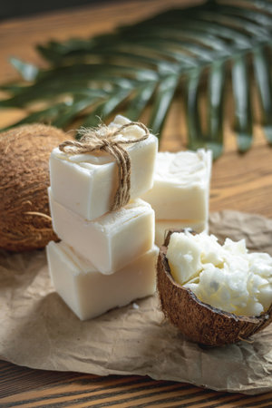 Pieces of handmade soap from organic coconut oil. Concept of using natural soap and eco friendly beauty products for skin care.の写真素材