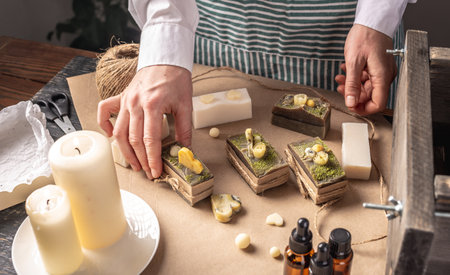 Woman is wrapping a beautiful natural soap. Concept of handmade organic gifts, useful hobby, festive atmosphere.の写真素材
