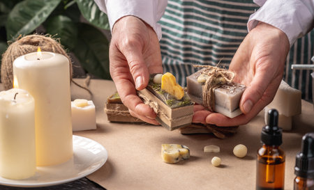 Beautiful natural handmade soap, packed in kraft paper and tied with a ribbon. Concept of an...
