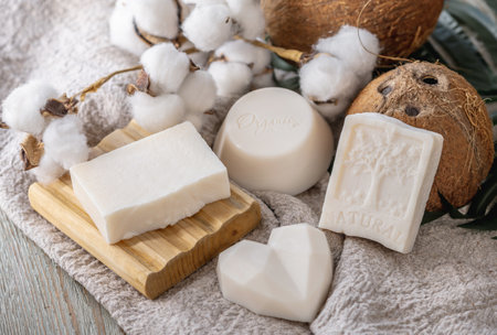 Cute pieces of white natural soap, soap dish, coconut and cotton on the table.の写真素材
