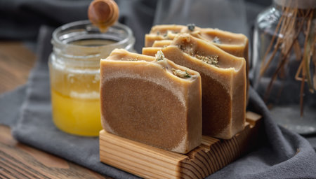 Pieces of natural honey soap handmade on a wooden soap dish. Beautiful atmospheric postcard.の写真素材