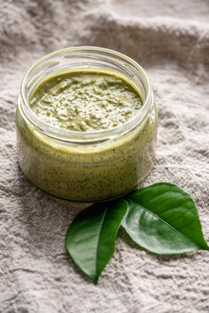 Natural green scrub with sugar in a glass jar on the background of cloth and leaves. Concept of organic cosmetics and skin care.の写真素材