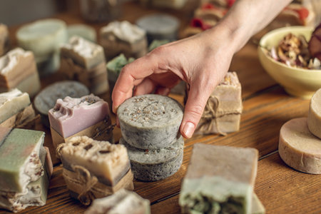A lot of pieces of fragrant, beautiful natural soap on a wooden table in the workshop and the hand...