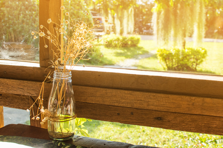 Wooden balcony with beautiful brown wooden boards.natural, summerの写真素材