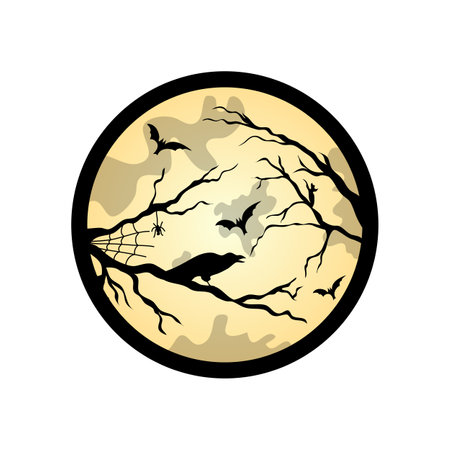 Halloween vector illustration. Flying bats, cobwebs and moon.のイラスト素材