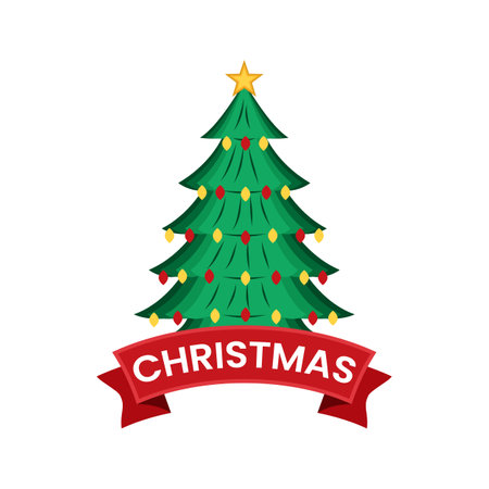 Christmas tree with red ribbon. Vector illustration. Isolated on white background.のイラスト素材