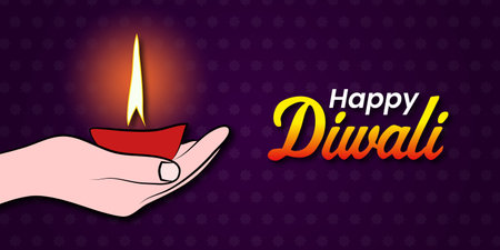Happy Diwali banner design with hand holding a diya. Vector illustration.のイラスト素材