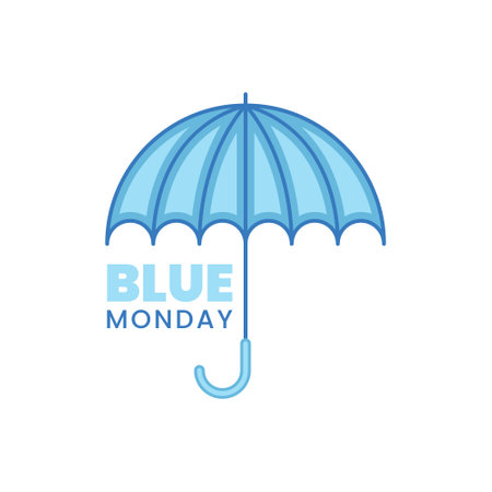Blue Monday text with Blue umbrella icon on white background. Flat design. Vector designのイラスト素材