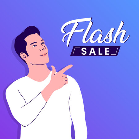 Fashion sale banner. Vector illustration of a young man in a white shirt pointing upのイラスト素材
