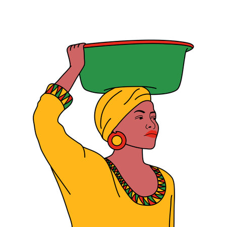 African woman with a bowl in her hand. Vector illustration in a flat style.のイラスト素材