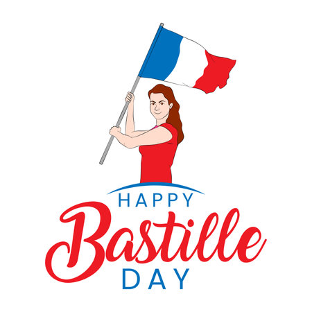 Happy Bastille Day. Vector illustration of a woman holding a French flag.のイラスト素材