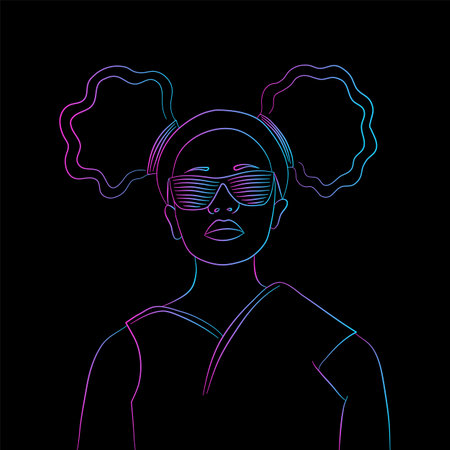 Neon portrait of a Afro bun woman. Vector illustration on a black background.のイラスト素材