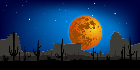 Desert with Saguaro Cactus against moon. Night scene. Vector landscape.のイラスト素材