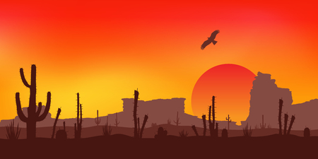 Sunset with Saguaro Cactus. Colorful Vector background.のイラスト素材
