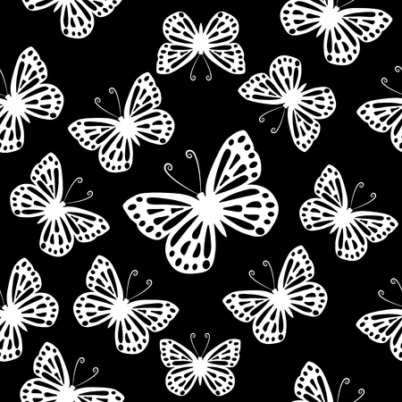 Butterflies seamless black and white vector patternのイラスト素材