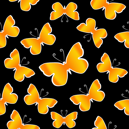 Orange butterflies over black background. Seamles vector patternのイラスト素材