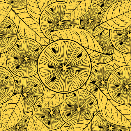 Sliced lemon over yellow. Seamless Vector Backgroundのイラスト素材