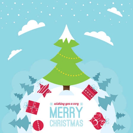 Christmas tree and gifts against a winter scene with treesのイラスト素材
