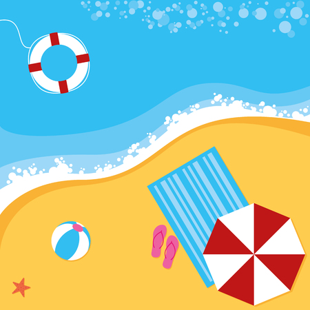 A summer beach scene with sun parasol, towel, ball and life ringのイラスト素材