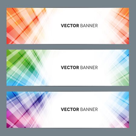 A set of 3 abstract vector banners in purple, orange, green, blue, and pinkのイラスト素材