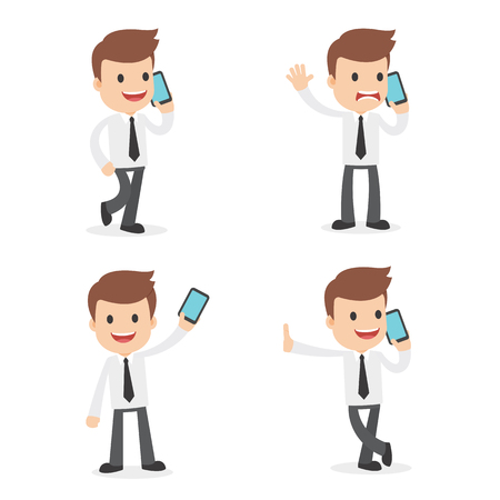 A funny cartoon businessman using a mobile phone in various posesのイラスト素材