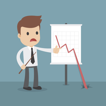 A cartoon businessman wth a business loss chart with line crashing through the floorのイラスト素材