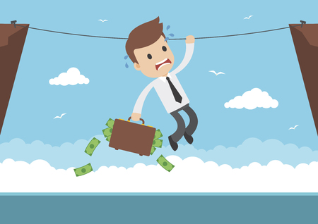 A businessman with briefcase full of money hanging from a ropeのイラスト素材
