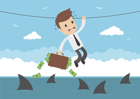 A businessman with briefcase full of money hanging from a rope over sharksのイラスト素材