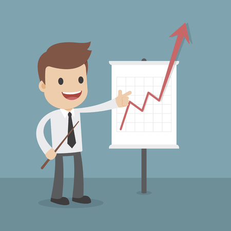 A cartoon businessman wth a business growth chart with line crashing through the floorのイラスト素材
