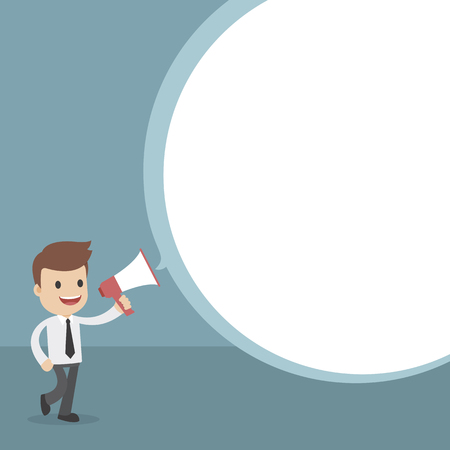 Funny cartoon businessmen shouting through a megaphone with a big speech bubbleのイラスト素材