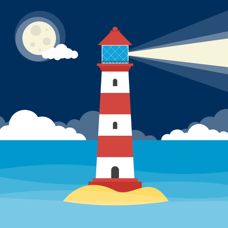 A lighthouse shining a warning light at nightのイラスト素材