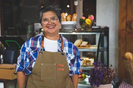 Portrait of a smiling senior Asian barista, hands on pockets, welcoming the customer in a cozy...