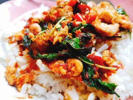 Chicken basil fried rice, Thai hot chilli delicious spicy asia food.の写真素材