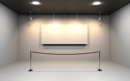 Spotlights in gallery interior with blank frames on wallの写真素材