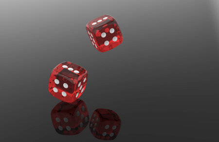 Rolling red dice over black grey background
