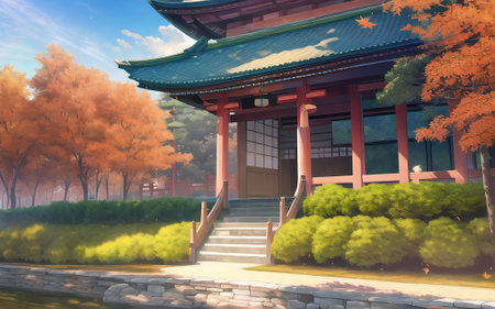 anime style autumn japanese temple chinese temple ancient landscape fall maple culture, generative aiの素材