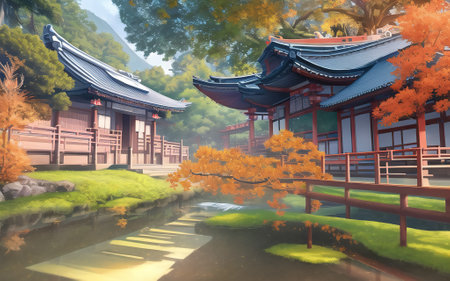 anime style autumn japanese temple chinese temple ancient landscape fall maple culture, generative aiの素材