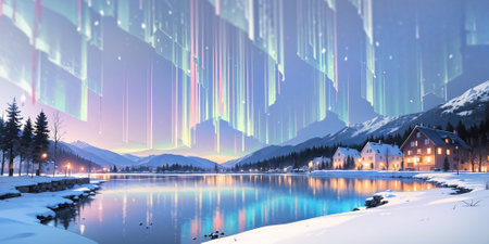 anime style background, winter landscape aurora, mountain, village, lake, europe, snow, Alps, norwegian nature, night, generative ai, generative, aiの素材