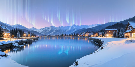 anime style background, winter landscape aurora, mountain, village, lake, europe, snow, Alps, norwegian nature, night, generative ai, generative, aiの素材