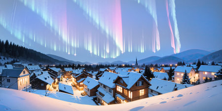 anime style background, winter landscape aurora, mountain, village, lake, europe, snow, Alps, norwegian nature, night, generative ai, generative, aiの素材
